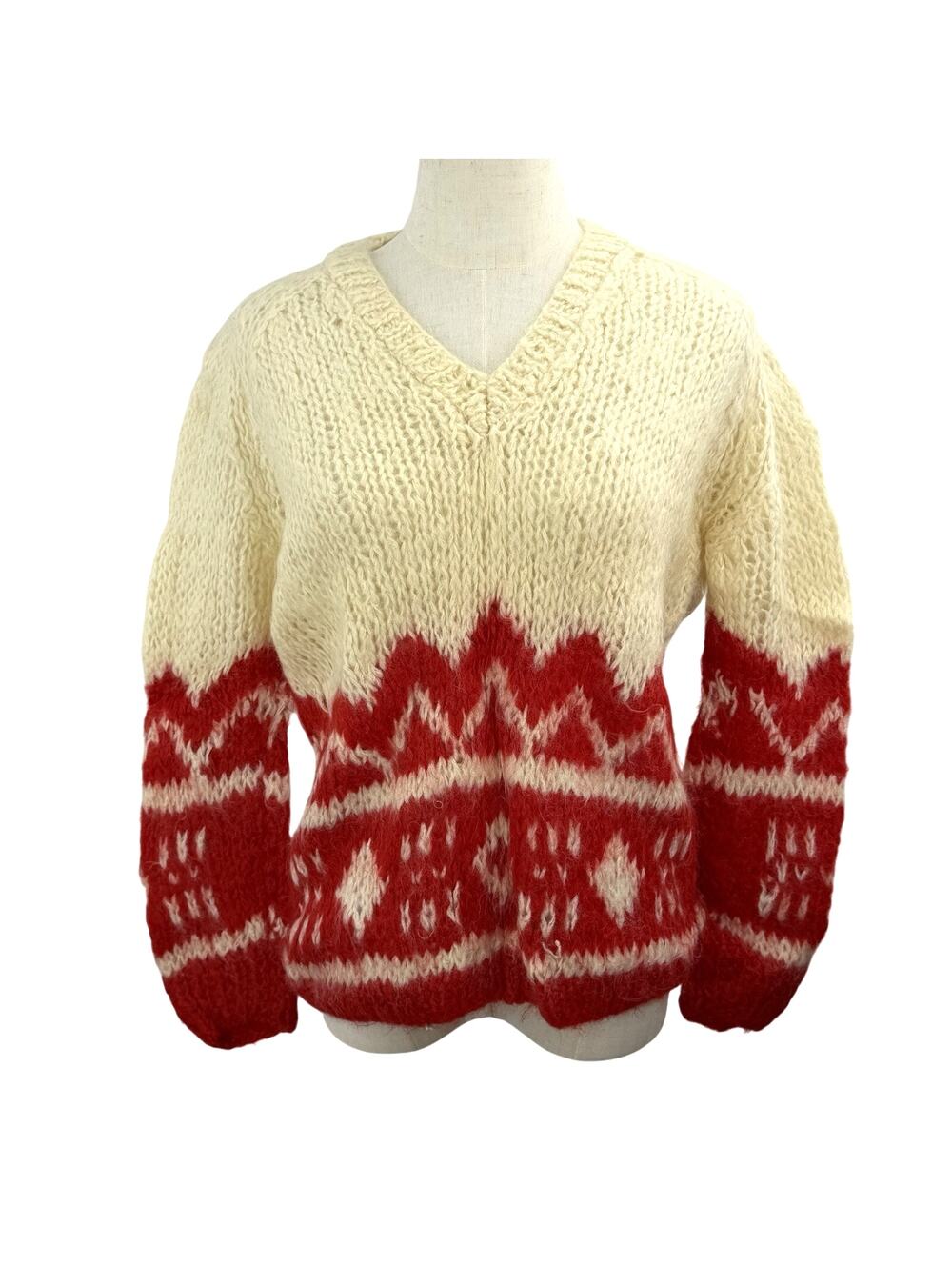 Vintage 60s Hand Knit Italy Russ Mohair Wool Sweater 38 Red Cream Nordic Pattern